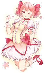 Rule 34 | 10s, 1girl, bow, bubble skirt, choker, collarbone, dress, gloves, hair bow, high heels, highres, jewelry, jumping, kaname madoka, magical girl, mahou shoujo madoka magica, mahou shoujo madoka magica (anime), one eye closed, pendant, pink dress, pink eyes, pink hair, puffy short sleeves, puffy sleeves, short sleeves, skirt, smile, solo, soul gem, star (symbol), sunege (hp0715), twintails, white gloves