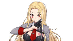 Rule 34 | absurdres, black gloves, blonde hair, breasts, brown eyes, closed mouth, earrings, facial mark, forehead, g9 (jiiku), gloves, half gloves, heart, heart earrings, heart facial mark, highres, holding, holding mahjong tile, jewelry, large breasts, long hair, looking at viewer, luis cammy, mahjong, mahjong tile, mole, mole under mouth, necktie, nijisanji, red necktie, shrug (clothing), simple background, smile, solo, upper body, very long hair, virtual youtuber, white background