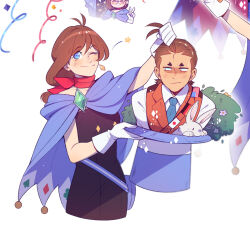 Rule 34 | 1boy, 1girl, ;), ace attorney, american flag, annoyed, antenna grab, antenna hair, apollo justice, arms at sides, black dress, blue cape, blue eyes, blue necktie, brother and sister, brown hair, buttons, cape, closed mouth, collared shirt, cropped torso, dress, gem, german flag, gloves, green gemstone, hat, holding, holding clothes, holding hat, in hat, japanese flag, lapels, light blush, long hair, looking at another, low-tied long hair, low ponytail, magic trick, medium hair, necktie, one eye closed, plant, purplesound, rabbit, red scarf, red vest, scarf, shirt, short hair, siblings, smile, split mouth, strapless, strapless dress, string of flags, swept bangs, trucy wright, unworn hat, unworn headwear, vest, white gloves, white rabbit (animal), white shirt