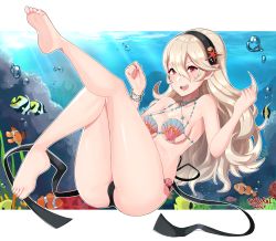 Rule 34 | 1girl, absurdres, artist name, ass, barefoot, bikini, black hairband, blush, bubble, clownfish, corrin (female) (fire emblem), corrin (fire emblem), fire emblem, fire emblem cipher, fire emblem fates, fish, freediving, hair between eyes, hair ornament, hairband, hands up, highres, long hair, looking at viewer, navel, nintendo, pointy ears, red eyes, sarukaiwolf, shell, shell bikini, simple background, smile, soles, solo, swimsuit, underwater, water, white hair