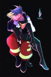 Rule 34 | 2boys, anime coloring, ascot, bae (baebae), black gloves, black jacket, blue fire, blue hair, closed eyes, detached sleeves, earrings, fire, galo thymos, gloves, green hair, half gloves, hand on another&#039;s cheek, hand on another&#039;s face, highres, jacket, jewelry, kiss, lio fotia, male focus, multiple boys, promare, purple fire, short hair, single detached sleeve, sitting, sitting on lap, sitting on person, spiked hair, yaoi
