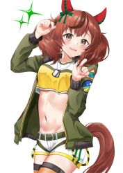 Rule 34 | alternate costume, animal ears, belt, blush, bomber jacket, breasts, brown eyes, commentary request, cosplay, dog tags, dusu (htkj), hair ornament, highres, horse ears, horse girl, jacket, looking at viewer, mayano top gun (umamusume), mayano top gun (umamusume) (cosplay), medium breasts, medium hair, midriff, nice nature (umamusume), open mouth, red hair, shorts, simple background, umamusume, white background