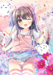 Rule 34 | 1girl, ;d, absurdres, animal ears, balloon, black hair, blue skirt, blurry, blurry foreground, blush, bow, brown eyes, camisole, camisole over clothes, cat ears, cat girl, cat tail, commentary request, confetti, depth of field, fang, fish hair ornament, flower, food, frilled skirt, frills, gluteal fold, hair between eyes, hair bow, hair ornament, hand up, highres, holding, holding balloon, holding food, long hair, looking at viewer, neko pan, one eye closed, open mouth, original, panties, pink bow, pink camisole, pink flower, puffy short sleeves, puffy sleeves, shirt, short sleeves, skirt, smile, solo, striped clothes, striped legwear, striped thighhighs, tail, tail bow, tail ornament, tail raised, thigh gap, thighhighs, underwear, very long hair, white panties, white shirt