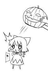 Rule 34 | 1girl, bow, cirno, dress, greyscale, hair bow, jack-o&#039;-lantern, monochrome, short hair, sky-freedom, solo, ^^^, touhou, triangle mouth, wings