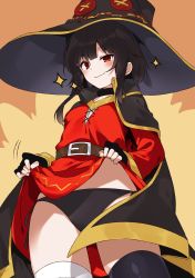 Rule 34 | 1girl, black hair, black panties, blush, cape, clothes lift, colorized, dress, dress lift, fingerless gloves, gloves, hat, highres, kono subarashii sekai ni shukufuku wo!, lifting own clothes, looking at viewer, megumin, mishima kurone, official art, open mouth, panties, red eyes, short hair, skirt, skirt lift, smile, solo, thighhighs, third-party edit, underwear, witch hat
