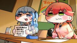 Rule 34 | 2girls, ahoge, blue eyes, blue hair, boombox, breasts, cardigan, chair, commentary request, desk, empty eyes, frown, green eyes, grey cardigan, highres, holding, holding paper, hololive, hoshimachi suisei, juice box, komainu channel, low twintails, medium breasts, multiple girls, one side up, open mouth, paper, pink hair, pink sweater, poster (object), sakura miko, school chair, school desk, sweater, twintails, virtual youtuber