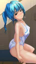 Rule 34 | 1girl, aigami kaon, arched back, blue hair, breasts, commentary request, competition swimsuit, cowboy shot, from side, garter-velvet, highres, locker, long hair, looking at viewer, medium breasts, one-piece swimsuit, one-piece tan, original, ponytail, sitting, solo, swept bangs, swimsuit, tan, tanline, thighs, white one-piece swimsuit