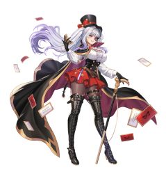 Rule 34 | 1girl, absurdres, belt, black gloves, black headwear, boots, bustier, cane, cape, card, full body, game cg, gloves, grin, guardian tales, hat, high heel boots, high heels, highres, holding, long hair, looking at viewer, monocle, multicolored hair, official art, pocket watch, pumps, red eyes, red skirt, skirt, smile, standing, thigh boots, thighhighs, transparent background, trickster lucy, watch