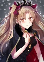 Rule 34 | 1girl, bare arms, black cape, black dress, blonde hair, blush, cape, closed mouth, commentary request, crown, dress, ereshkigal (fate), fate/grand order, fate (series), fingernails, fur trim, hand on own chest, highres, long hair, looking at viewer, multicolored cape, multicolored clothes, orange eyes, parted bangs, red cape, skull, smile, solo, spine, tanaji, tohsaka rin, two side up, upper body