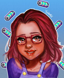 Rule 34 | 1girl, absurdres, artist name, blue background, brown eyes, commentary, english commentary, glasses, gradient background, highres, jola cola, lips, lipstick, looking at viewer, makeup, maru (stardew valley), overalls, parted lips, portrait, purple shirt, red-framed eyewear, red hair, red lips, shirt, short hair, simple background, solo, stardew valley, teeth, yanting sun