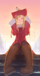 Rule 34 | 1girl, ;o, animal, animal on head, bird, bird on head, black pantyhose, blonde hair, blush, boots, coat, from below, hat, highres, long hair, noco (adamas), on head, one eye closed, original, pantyhose, sitting, sitting on stairs, solo, sparrow, stairs, wink, yellow eyes