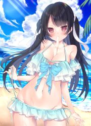 Rule 34 | 1girl, beach, bikini, black hair, blue bikini, blue sky, blunt bangs, breasts, cleavage, cloud, collarbone, commentary request, cowboy shot, day, food, food in mouth, frilled bikini, frills, hair ribbon, highres, large breasts, long hair, looking at viewer, navel, ocean, original, outdoors, popsicle, red eyes, ribbon, sky, solo, standing, swimsuit, tenti0619