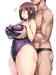 Rule 34 | 1boy, 1girl, blush, grabbing another&#039;s breast, breast suppress, breasts, brown eyes, brown hair, colored skin, commentary request, covered erect nipples, grabbing, hair over one eye, hetero, highres, huge breasts, one-piece swimsuit, original, plump, surprised, sweat, swimsuit, taut clothes, taut swimsuit, thick thighs, thighs, tsukumiya amane, wavy mouth, white background, white skin