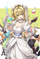Rule 34 | 1girl, :o, absurdres, arm warmers, blonde hair, book, bottle, bow, breasts, cleavage, cowboy shot, dress, flask, floating, green eyes, hair bow, hands up, highres, holding, holding bottle, holding test tube, long dress, long hair, looking at viewer, medium breasts, official alternate costume, open book, open mouth, potion, puffy short sleeves, puffy sleeves, reverse:1999, round-bottom flask, short sleeves, smoke, solo, sotheby, stuffed toy, teeth, test tube, two-tone background, two side up, upper teeth only, white background, white bow, white dress, xun li eins, yellow background