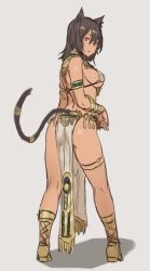 Rule 34 | 1girl, animal ears, arm guards, armlet, ass, bare back, bare shoulders, bastet (houtengeki), bastet (mythology), bikini, bikini top only, boots, breasts, brown hair, cat ears, cat tail, closed mouth, dark-skinned female, dark skin, egyptian, egyptian clothes, expressionless, fringe trim, from behind, full body, highres, houtengeki, jewelry, knee boots, large breasts, loincloth, looking at viewer, looking back, no pupils, original, red eyes, sideboob, sketch, solo, standing, swimsuit, tail, thigh strap, unfinished, usekh collar, white bikini, yellow footwear