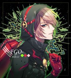 Rule 34 | 1boy, black coat, coat, colored skin, copyright name, expressionless, eyeshadow, fate/grand order, fate (series), from side, gloves, green eyes, hair over one eye, highres, hood, hood up, karna (fate), karna (santa) (fate), looking at viewer, lying, makeup, male focus, on back, pink hair, red gloves, short hair, solo, tatsuma daisuke, tsurime, upper body, white skin