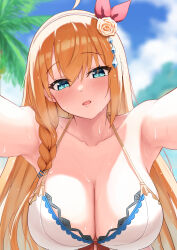Rule 34 | 1girl, ahoge, bikini, blue eyes, blue sky, blurry, blurry background, blush, braid, breasts, cleavage, cloud, collarbone, commentary request, day, depth of field, flower, hair flower, hair ornament, hairband, highres, large breasts, long hair, looking at viewer, m kong, official alternate costume, orange hair, outdoors, outstretched arms, paid reward available, palm tree, parted lips, pecorine (princess connect!), pecorine (summer) (princess connect!), princess connect!, reaching, reaching towards viewer, single braid, sky, solo, swimsuit, tree, upper body, wet, white bikini
