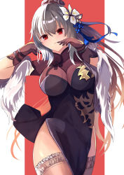 Rule 34 | 1girl, azur lane, black dress, breasts, china dress, chinese clothes, cleavage, dress, feather boa, flower, grey hair, hair flower, hair ornament, hane (feathe02), highres, long hair, looking at viewer, medium breasts, official alternate costume, pelvic curtain, red background, red eyes, saint-louis (alluring administrator) (azur lane), saint-louis (azur lane), see-through, see-through cleavage, see-through legwear, simple background, solo, two-tone background, white background, white flower