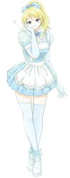 Rule 34 | 1girl, apron, aqua bow, aqua dress, aqua skirt, artist name, artist request, ayase eli, blonde hair, blue eyes, blush, bow, breasts, collared dress, dress, elbow gloves, female focus, frilled apron, frilled dress, frilled shirt collar, frills, full body, gloves, hair between eyes, hair bow, hand on own cheek, hand on own face, heart, heart (symbol), high ponytail, highres, long hair, looking at viewer, love live!, love live! school idol project, miniskirt, parted lips, plaid, plaid dress, plaid skirt, pleated, pleated dress, pleated skirt, ponytail, puffy short sleeves, puffy sleeves, shoes, short hair, short sleeves, skirt, smile, solo, white apron, white background, white footwear, white gloves, white legwear, wing collar