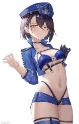 Rule 34 | 1girl, absurdres, azur lane, baltimore (azur lane), bikini, black choker, black gloves, black hair, blue bikini, blue hat, blue jacket, blue thighhighs, blush, breasts, chinese commentary, choker, commentary request, cowboy shot, cropped jacket, gloves, hair between eyes, hat, highres, jacket, large breasts, long sleeves, luoloo, navel, open clothes, open jacket, peaked cap, short hair, simple background, single glove, solo, standing, stomach, swimsuit, thick thighs, thigh strap, thighhighs, thighs, white background, yellow eyes