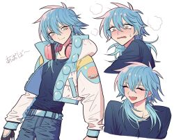 Rule 34 | 1boy, :d, ^ ^, blue hair, blue pants, blue shirt, blush, closed eyes, closed mouth, cowboy shot, cropped jacket, cropped torso, dramatical murder, embarrassed, facing to the side, hair between eyes, headphones, headphones around neck, jacket, long hair, long sleeves, looking at viewer, male focus, meremero, multiple views, nose blush, open clothes, open jacket, open mouth, pants, seragaki aoba, shirt, simple background, smile, sweatdrop, wavy mouth, white background, white jacket, yellow eyes