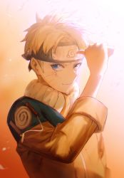 Rule 34 | 1boy, absurdres, ashorz, bad id, bad twitter id, blonde hair, blue eyes, child, commentary request, facial mark, forehead protector, gradient background, highres, jumpsuit, looking at viewer, male focus, naruto, naruto (series), ninja, orange jumpsuit, short hair, straight-on, uzumaki naruto