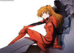 Rule 34 | 1girl, absurdres, arm support, artist name, blue eyes, bodysuit, bracer, breasts, cockpit, entry plug, from side, gloves, hair between eyes, hair ornament, hand on leg, hayashi akemi, highres, light smile, long hair, looking at viewer, neon genesis evangelion, newtype, non-web source, official art, orange hair, pilot suit, plugsuit, rebuild of evangelion, scan, simple background, sitting, small breasts, smile, solo, souryuu asuka langley, white background