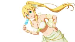 Rule 34 | 1girl, bikini, blonde hair, breasts, cleavage, elf, green eyes, hand on own hip, highres, large breasts, leafa, legs, long hair, looking at viewer, navel, official art, pointy ears, ponytail, sarong, solo, swimsuit, sword art online, thighs, tongue, tongue out, white bikini