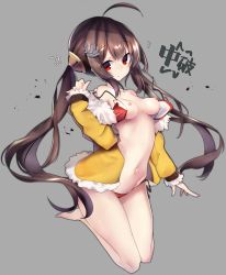 Rule 34 | 1girl, :o, ?, ??, anchor hair ornament, azur lane, bare legs, barefoot, bikini, blunt bangs, breasts, breasts apart, brown hair, coat, fur-trimmed sleeves, fur trim, grey background, hair ornament, harenchi, highres, kneeling, long hair, long sleeves, looking at viewer, navel, nipples, open clothes, open coat, open mouth, parted lips, perky breasts, ping hai (azur lane), ping hai (summer vacation) (azur lane), red bikini, red eyes, simple background, sleeves past wrists, small breasts, solo, stomach, swimsuit, tareme, torn bikini, torn clothes, translation request, twintails, very long hair, yellow coat