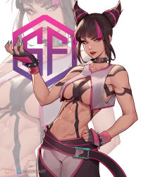 Rule 34 | 1girl, :d, abs, artist name, belt, black gloves, black hair, blunt bangs, bracelet, breasts, capcom, chaps, choker, cropped vest, fingerless gloves, gloves, hair horns, hair over one eye, han juri, hand on own hip, inhoso, instagram logo, jewelry, large breasts, logo, looking to the side, multicolored hair, navel, open mouth, pants, patreon logo, pink eyes, revealing clothes, sidelocks, signature, sleeveless, smile, solo, spiked bracelet, spiked choker, spikes, streaked hair, street fighter, street fighter 6, teeth, toned, twitter logo, vest, white pants, white vest, yin yang