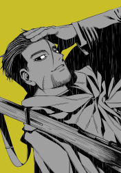 Rule 34 | 1boy, black eyes, black hair, facial hair, facial scar, goatee, golden kamuy, hair slicked back, hair strand, hand in own hair, highres, long sleeves, looking at viewer, male focus, military, military uniform, multiple monochrome, ogata hyakunosuke, over shoulder, scar, scar on cheek, scar on face, short hair, solo, stubble, uniform, weapon, weapon over shoulder, yellow background, zanki