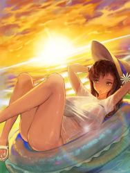 Rule 34 | 1girl, absurdres, arms behind head, arms up, ass, barefoot, beach, bikini, bikini under clothes, bottomless, breasts, brown eyes, brown hair, creatures (company), diffraction spikes, game freak, hair tie in mouth, hat, highres, innertube, large breasts, legs up, looking away, lying, mouth hold, nintendo, on back, pokemon, pokemon sm, rehut, see-through, shirt, short sleeves, sightseer (pokemon), solo, sun, sun hat, sunlight, sunset, swim ring, swimsuit, thighs, wet, wet clothes, wet shirt, white shirt