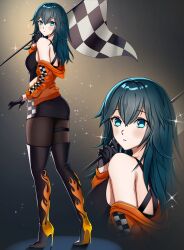 Rule 34 | 1girl, absurdres, alternate costume, black footwear, black gloves, black pantyhose, black skirt, black tank top, blue eyes, blue hair, boots, breasts, byleth (female) (fire emblem), byleth (fire emblem), checkered flag, closed mouth, commentary, english commentary, fire emblem, fire emblem: three houses, flag, gloves, hair between eyes, high heel boots, high heels, highres, holding, holding flag, jacket, long hair, looking at viewer, mari48240422, medium breasts, nintendo, off shoulder, open clothes, open jacket, orange jacket, pantyhose, race queen, skirt, solo, stiletto boots, stiletto heels, tank top, thigh boots
