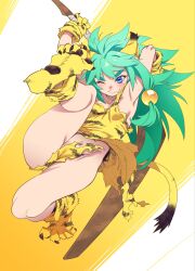 Rule 34 | 1girl, absurdres, animal ears, animal print, bell, blue eyes, boomerang, cham cham, collar, gloves, green hair, highres, holding, holding weapon, neck bell, one eye closed, paw shoes, samurai spirits, shirou, shoes, snk, solo, tail, tiger print, weapon