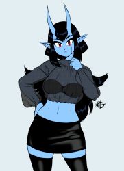 Rule 34 | 1girl, 2020, black bra, black hair, black skirt, black thighhighs, blue background, blue skin, blush, bra, breasts, closed mouth, colored skin, crop top, eyebrows, hand on own hip, highres, horns, large breasts, long hair, long sleeves, looking at viewer, navel, oni, oni horns, original, pencil skirt, pointy ears, red eyes, see-through, sidelocks, simple background, skirt, solo, taggo, thighhighs, underwear, very long hair