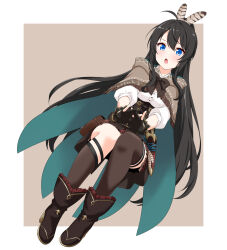 Rule 34 | :o, absurdres, ahoge, asymmetrical legwear, bellezza felutia, black bow, black bowtie, black footwear, black gloves, black hair, blue eyes, blush, boots, border, bow, bowtie, brown background, brown capelet, brown shorts, buttons, capelet, cosplay, dutch angle, feather hair ornament, feathers, felutiahime, full body, gloves, hair between eyes, hair ornament, high heel boots, high heels, highres, hololive, hololive english, kneehighs, legs together, long hair, long sleeves, looking at viewer, nanashi mumei, nanashi mumei (1st costume), nanashi mumei (cosplay), open mouth, original, outside border, own hands together, partially fingerless gloves, puffy long sleeves, puffy sleeves, raised eyebrows, shirt, shorts, sidelocks, simple background, single kneehigh, single sock, single thighhigh, socks, straight hair, thighhighs, thighs, virtual youtuber, white border, white shirt