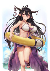 Rule 34 | 10s, 1girl, :o, antenna hair, bandages, bandaged arm, bandages, bikini, black hair, bouncing breasts, breasts, danua, draph, granblue fantasy, highres, horns, large breasts, long hair, looking at viewer, nhaliz, pointy ears, red eyes, sandals, signature, solo, swimsuit