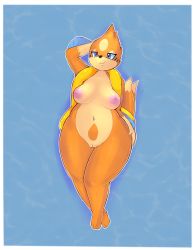 Rule 34 | 1girl, animal hands, arm behind head, arm up, barefoot, blue background, blue eyes, boiful, border, breasts, breasts apart, cleft of venus, closed mouth, creatures (company), female focus, floatzel, full body, game freak, gen 4 pokemon, half-closed eyes, happy, heart, heart in eye, highres, large areolae, legs together, looking at viewer, lying, medium breasts, multiple tails, navel, nintendo, nipples, nude, on back, outline, personification, pokemon, pokemon (creature), simple background, smile, solo, symbol in eye, tail, two tails, uncensored, water, white border, white outline, wide hips