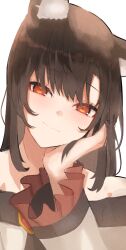 Rule 34 | 1girl, animal ears, blush, brown hair, closed mouth, commentary request, head tilt, highres, imaizumi kagerou, long hair, long sleeves, looking at viewer, pollux368, red eyes, simple background, solo, touhou, upper body, white background, wolf ears, wolf girl
