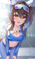 Rule 34 | 1girl, absurdres, blue hair, blue pants, blurry, blurry background, breasts, brown hair, collarbone, colored inner hair, commentary request, cowboy shot, cropped shirt, daitaku helios (umamusume), ear covers, ear piercing, facial tattoo, fang, hair ornament, hairclip, hands on own thighs, highres, lens flare, medium breasts, midriff, multicolored hair, navel, outdoors, pants, peteron, piercing, smile, solo, streaked hair, sunglasses, tattoo, twitter username, umamusume, yellow eyes