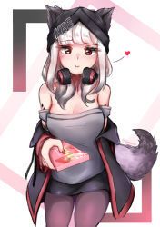 Rule 34 | 1girl, animal ears, arknights, bare shoulders, beanie, black hat, black pantyhose, boots, breasts, cleavage, closed mouth, coat, ears through headwear, eyebrows, frostleaf (arknights), grey shirt, hat, headphones, heart, jacket, looking at viewer, material growth, medium breasts, medium hair, nail polish, open clothes, open coat, open jacket, oripathy lesion (arknights), pantyhose, red coat, red eyes, red jacket, red nails, red sleeves, rokuuso, shirt, skirt, smile, solo, tail, twitter username, valentine, white hair