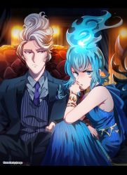Rule 34 | 1boy, 1girl, 8-foot joe, airagency1005, bare shoulders, blue dress, blue hair, blue lips, blue shirt, blurry, bracelet, breast pocket, closed mouth, collared shirt, disney, disneyland, dress, eyeliner, fiery hair, fire, formal, frown, gown, highres, jacket, jewelry, knees up, letterboxed, lipstick, long sleeves, looking at another, looking at viewer, makeup, ms. hades, multicolored hair, pants, pocket, purple eyes, purple hair, purple neckwear, recruiters (disney), shirt, short hair, sideways glance, sitting, sleeveless, sleeveless dress, streaked hair, suit, vest, white background, white hair