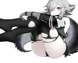 Rule 34 | 1girl, absurdres, ahoge, arknights, black sleeves, black thighhighs, crocodilian tail, crotch, detached sleeves, eyelashes, female focus, full body, gloves, green hair, green shirt, grey gloves, grey hair, highres, hugging own legs, legs together, legs up, long pointy ears, looking at viewer, multicolored hair, parted lips, partially fingerless gloves, pointy ears, shirt, short hair, simple background, sitting, skindentation, solo, streaked hair, tail, thick thighs, thighhighs, thighs, tian115, tomimi (arknights), torn clothes, torn thighhighs, white background, wide hips, yellow eyes