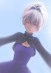 Rule 34 | 1girl, bow, breasts, bryanth, closed mouth, darker than black, dress, dress bow, hair between eyes, hair ribbon, high collar, highres, looking at viewer, ponytail, purple dress, purple eyes, ribbon, shrug (clothing), silver hair, simple background, solo, yin (darker than black)