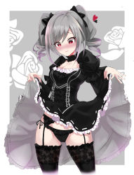 Rule 34 | 1girl, absurdres, black dress, black panties, blush, breasts, cleavage, clothes lift, cowboy shot, dress, drill hair, embarrassed, floral print, garter belt, garter straps, gothic lolita, grey background, heart, heart-shaped pupils, highres, idolmaster, idolmaster cinderella girls, kanzaki ranko, lace, lace-trimmed legwear, lace trim, lifted by self, lolita fashion, long hair, looking down, panties, pantyshot, rose print, silver hair, skirt, skirt lift, solo, sylph kim, symbol-shaped pupils, twin drills, twintails, underwear