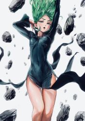 Rule 34 | 1girl, arm behind head, arms up, black dress, breasts, colorized, covered navel, curly hair, dress, eyelashes, floating, floating hair, green eyes, green hair, hip vent, long sleeves, looking down, murata yuusuke, one-punch man, open mouth, pelvic curtain, rock, skin tight, small breasts, solo, tatsumaki, thighs
