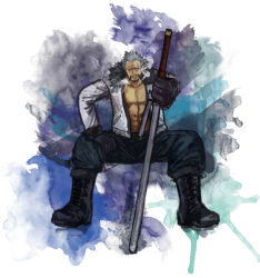 Rule 34 | 1boy, abs, boots, character name, cigar, full body, fur trim, gloves, jacket, jitte, looking at viewer, male focus, muscular, one piece, open clothes, open jacket, sitting, smoker (one piece), smoking, solo, splatter, weapon, white hair