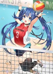 Rule 34 | 1girl, :o, armpits, arms up, ayamy, ball, bare shoulders, black shorts, black thighhighs, blue eyes, blue hair, blurry, blurry background, breasts, bubble, choker, clothes writing, commentary request, copyright name, depth of field, glint, hair ornament, highres, knee pads, long hair, looking at viewer, medium breasts, midriff, official art, open mouth, playing sports, red shirt, shirt, shoes, short shorts, shorts, sid story, sleeveless, sleeveless shirt, sneakers, solo, sweatband, thighhighs, twintails, very long hair, volleyball, volleyball (object), volleyball net, watermark