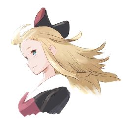 Rule 34 | 1girl, ahoge, black bow, blonde hair, blue eyes, bow, bravely default: flying fairy, bravely default (series), closed mouth, edea lee, eyebrows, eyelashes, floating hair, forehead, hair bow, highres, long hair, no pupils, portrait, reiesu (reis), simple background, smile, solo, straight hair, upper body, white background