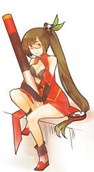 Rule 34 | 1girl, arc system works, blazblue, blazblue: calamity trigger, breasts, cleavage, cleavage cutout, clothing cutout, erenko, glasses, lao jiu, litchi faye ling, long hair, medium breasts, orange eyes, panda, ponytail, side ponytail, solo, staff